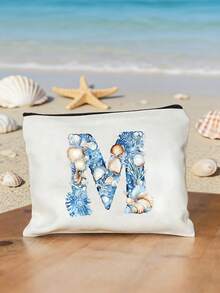 Bolsa de maquillaje impresa con diseño de estrella de mar, concha y elementos oceánicos, con letras del alfabeto A-Z. Bolsa de almacenamiento con estampado de letras de moda, bolsa de cosméticos para almacenamiento de artículos pequeños, bolsa de almacenamiento, bolsa de maquillaje, bolsa de aseo, bolsa de almacenamiento plegable ligera, bolsa de embrague como regalo para maestros, almacenamiento para enfermeras, médicos, maestros, adecuada para el almacenamiento de cosméticos de viaje personal, esencial para vacaciones en la playa, campamento, vacaciones, regalo del Día de la Madre - Multicolor - Ver 4