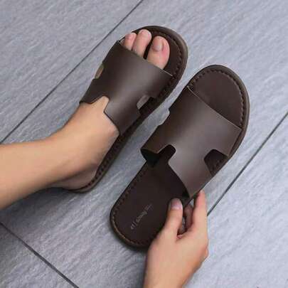 Men's Fashion Hollow Leather Slide Sandals, Premium Genuine Leather Open Toe Slippers, Non-Slip Casual Shoes Suitable For Summer Beach, Pool, Office And Daily Wear