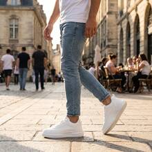 Tenis deportivos casuales para hombre, material de PU resistente con diseño de textura en relieve y suela gruesa antideslizante, calzado cómodo y versátil para uso diario y todas las ocasiones - Blanco - Ver 8