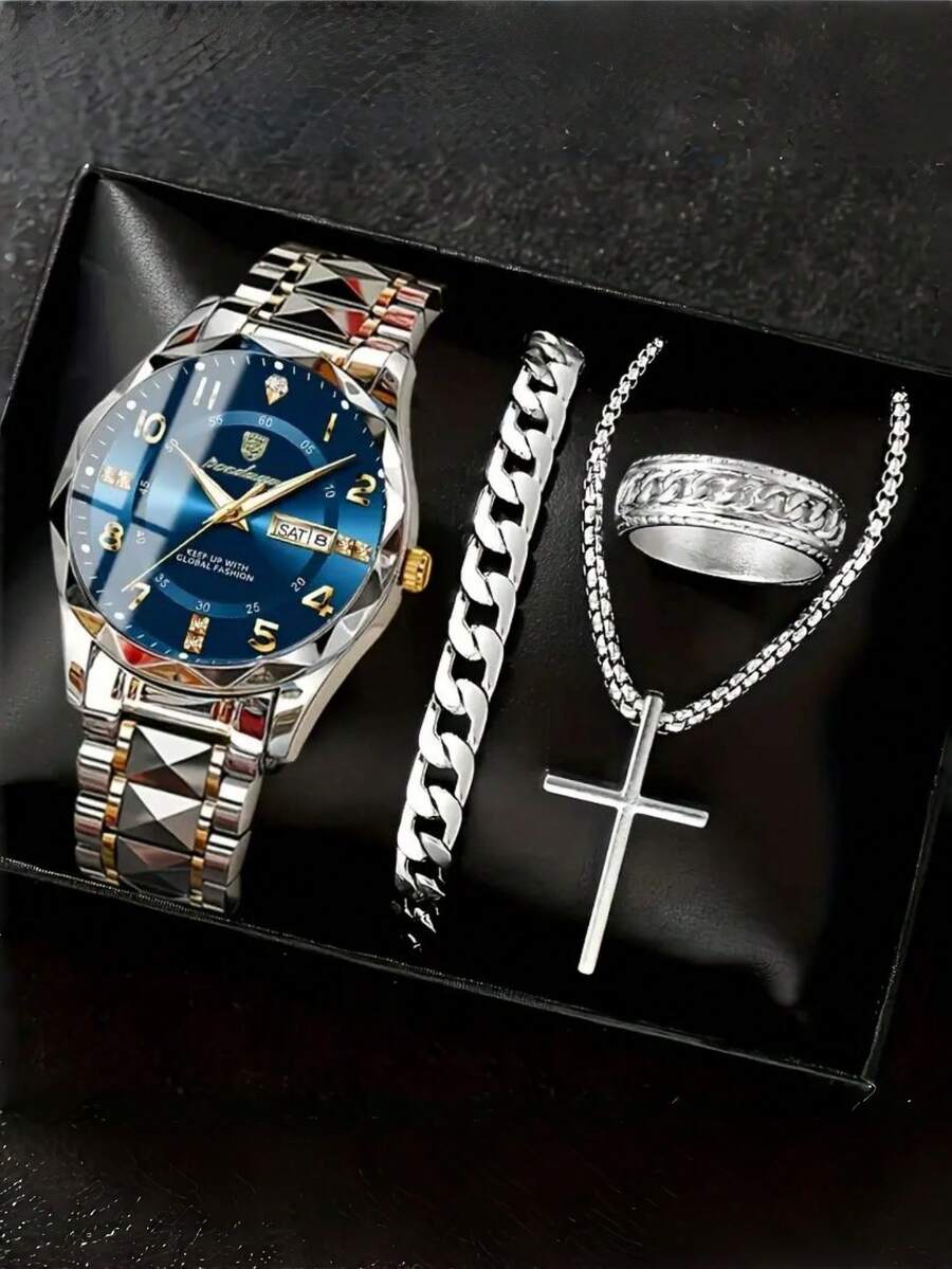 Set de 4 piezas para hombre: Reloj de cuarzo casual de negocios con calendario digital, pulsera, collar de cruz, anillo - Conjunto de joyería adecuado para uso diario - Multicolor - Ver 1