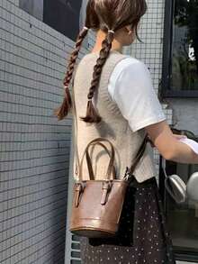 Koreanisches Ins Nische Design Einfarbige Eimer Tasche, vielseitige Mode Umhängetasche für Frauen, geeignet für Arbeit, Ausflüge, Pendeln, tägliches Einkaufen, Handtasche & Schultertasche - Braun - Übersicht 2