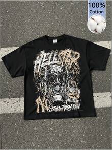 Hellstars Born From Pain Gas Mask Y2K Graphic T-Shirt,220g 100% Cotton,Round Neck Short Sleeve,Black Streetwear Essential For Summer Going Out,Unisex Style - 黑色 - 查看 1