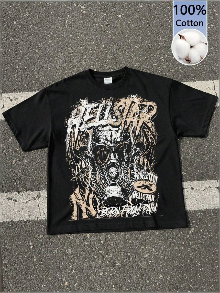 Hellstars Born From Pain Gas Mask Y2K Graphic T-Shirt,220g 100% Cotton,Round Neck Short Sleeve,Black Streetwear Essential For Summer Going Out,Unisex Style - 黑色 - 查看 1
