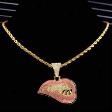 新款男女嘻哈咬唇形吊坠项链，配13毫米水晶链，镶钻闪亮嘻哈项链饰品 - 嘴巴 - 查看 8