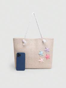 夏季海灘包，草編大容量女款手提包，裝飾向日葵與海星，適合海灘度假、購物與約會 - 米色 - 查看 12