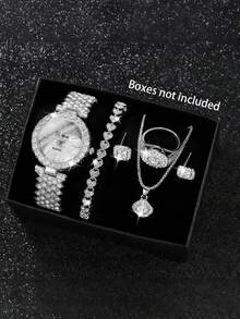 Bộ trang sức và đồng hồ thạch anh 6 món thanh lịch, bao gồm đồng hồ nữ mặt tròn, dây chuyền đính đá, bông tai, nhẫn và vòng tay (không kèm hộp). - Nhiều màu - Xem 1