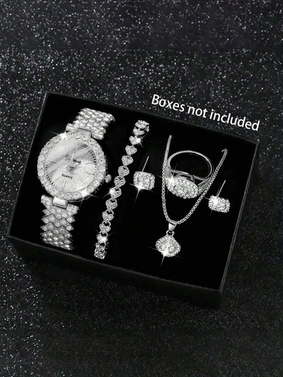 Bộ trang sức và đồng hồ thạch anh 6 món thanh lịch, bao gồm đồng hồ nữ mặt tròn, dây chuyền đính đá, bông tai, nhẫn và vòng tay (không kèm hộp). - Nhiều màu - Xem 1