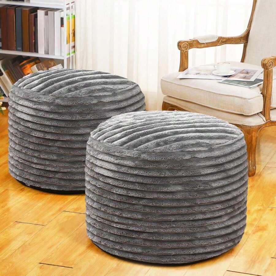 Teenyyou 2 Pcs 26 X 18 Inch Unstuffed Pouf Cover Ottoman Foot Rest - No Filler, Faux Rabbit Fur Foot Stool Floor Bean Bag Floor Chair Storage For Living Room Bedroom Home Decor(Gray) - Grey - View 1
