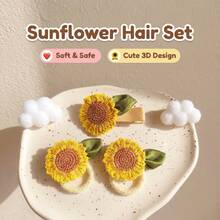 (1 Clip y 1 Coletero) Conjunto de accesorios para el cabello con bordado 3D de girasol - Accesorios suaves y delicados para el cabello de niñas para uso diario, verano, vacaciones, viajes, tocados, diademas - Amarillo - Ver 2