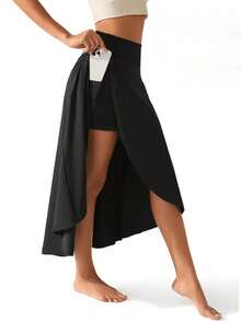 Women's High Waisted Sports Skirt With Built-In Shorts Pocket - Lightweight Elastic Fitness Skirt Pants,  Yoga Elegant Leggings, All Season Universal Fitness Suit - 黑色 - 查看 2