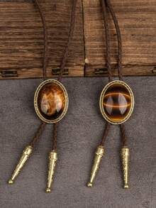 1pc Natural Texture Amber Tiger Eye Stone Bowtie, Retro American Style Unisex Necktie - Multicolor - View 1