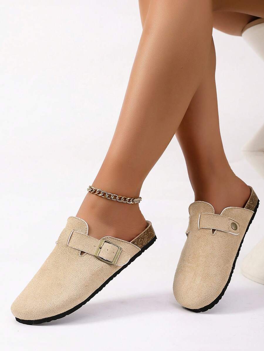 1 đôi dép xăng đan đế dày có khóa cài dành cho nữ, kiểu dáng mới mùa xuân, mũi tròn, chất liệu da lộn, kiểu dép bệt, đa năng, thích hợp cho hoạt động ngoài trời. - Màu be - View 1