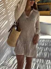 Amore 女士夏季镂空针织 Polo 领长袖沙滩罩衫连衣裙，杏色，波西米亚度假风宽松露肩长袖休闲宽松沙滩罩衫，适合海滩、海岛度假、海滩摄影、泳池边、休闲穿着、比基尼罩衫、假日连衣裙 - 杏色 - 查看 4