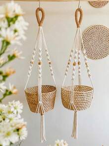 3件套手工编织植物吊篮，室内悬挂式花盆架，带木珠，装饰性花盆架，带流苏，不含花盆 - 白色 - 查看 4
