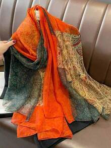 1pc Women Orange Chiffon Scarf, Lightweight, Versatile, Suitable Spring, Autumn, Travel, Dress ZMLL - 橘子 - 查看 7