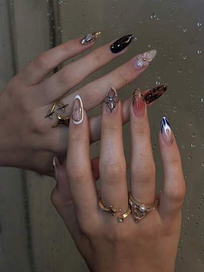 Y2K Medium Almond-Shaped Press-On Nail Stickers, 24-Piece DIY Set. Features A Mix Of Leopard Print, Floral, Starburst, And Metallic Rhinestone Designs. These Retro-Inspired, Sweet-And-Edgy Nail Stickers Are Perfect For Parties, Dates, And Everyday Wear. Removable And Reusable Press-On Nails.