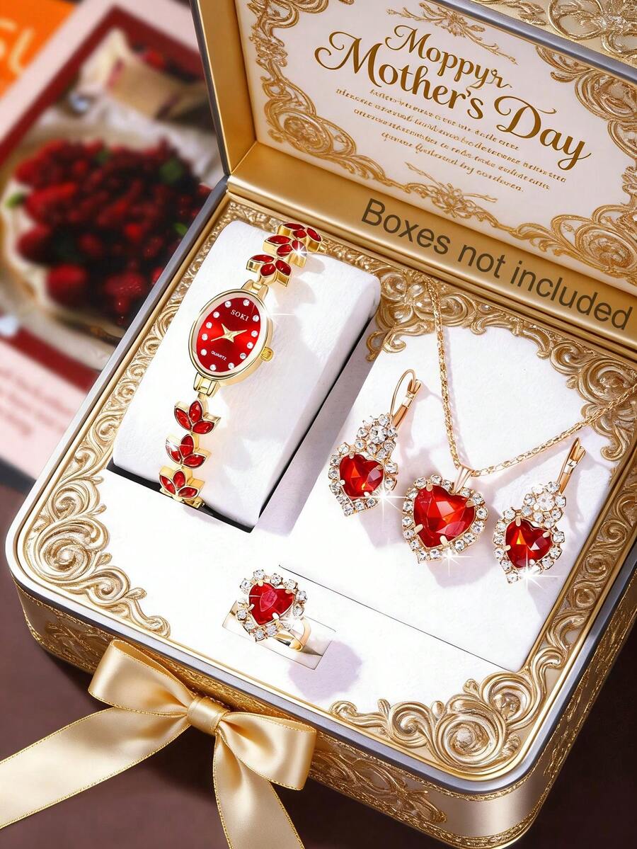 SOKI SOKI Mother's Day Women's Watch Set, Fashionable Exquisite Round Dial Quartz Watch With Heart-Shaped Pendant Necklace, Earrings, And Ring, Suitable For Daily Wear, Birthday, Back To School, Thanksgiving, Romantic Occasions, Best Gift (Excluding Gift Box) - Red - View 1