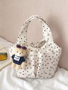 Túi tote màu trắng dễ thương in hình trái tim và nơ, kèm móc khóa hình gấu bông, túi xách đeo vai Kawaii dành cho nữ, phù hợp sử dụng hàng ngày và đi học. - Màu be - Xem 3