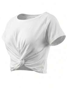 White Twist Knot Crew Neck Short Sleeve T-Shirt For Women, Summer Sexy Slim Fit Cropped Versatile Top - White - View 2