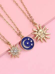 3pcs/Set Children Cute Eid Al-Adha Rhinestone Sun Moon Star Pendant Necklace Set, Suitable For Daily Wear, Gift, Festival - Gold - View 4