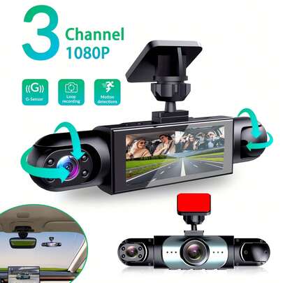Dash Cam For Cars,1080P Car Camera Front Rear With Card, Dashcams For Cars With Night Vision, WDR, G-Sensor, 3-Channel Car DVR With HD Display, Front And Left/Right Cameras, Night Vision, G-Sensor Loop Recording, 150mAh Battery