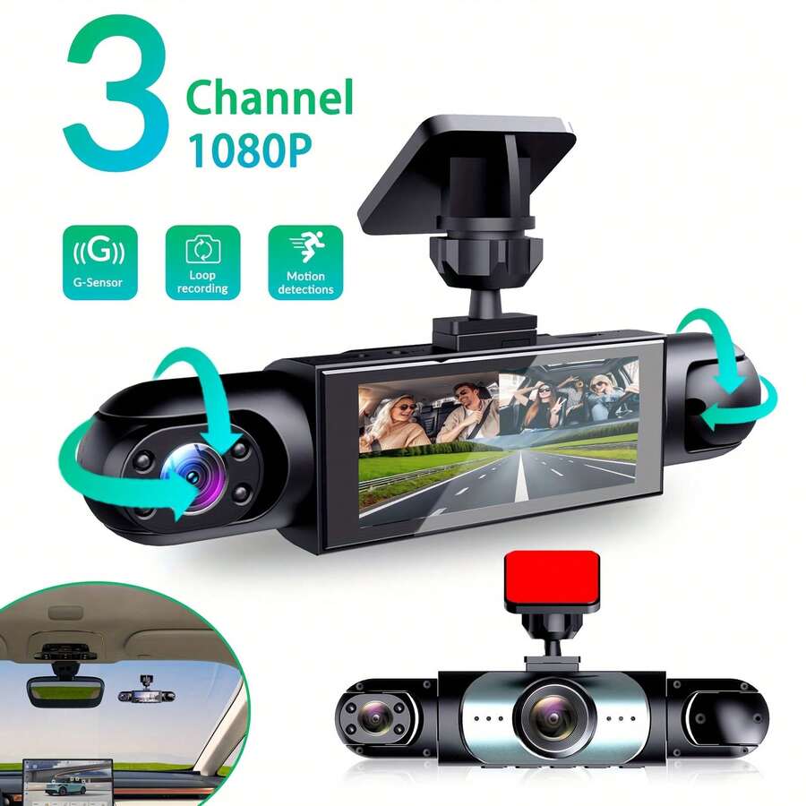 Dash Cam For Cars,1080P Car Camera Front Rear With Card, Dashcams For Cars With Night Vision, WDR, G-Sensor, 3-Channel Car DVR With HD Display, Front And Left/Right Cameras, Night Vision, G-Sensor Loop Recording, 150mAh Battery - 3 Camera - View 1