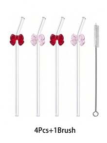 2/4pcs Cute Pink/Red Bow Decor Glass Straw Set, Reusable Bent Thick Transparent Glass Straw Tableware Set, Suitable For Kitchen Accessories, Straw Decor, Cold Drinks, Milk Tea, Coffee, Juice, Smoothie, Home, Restaurant, Hen Party, Wedding, Cocktail Party, Back To School, Gifts For Girlfriend/Boyfriend, Parents, Friends, Holidays, Summer, Easter Gifts - View 9
