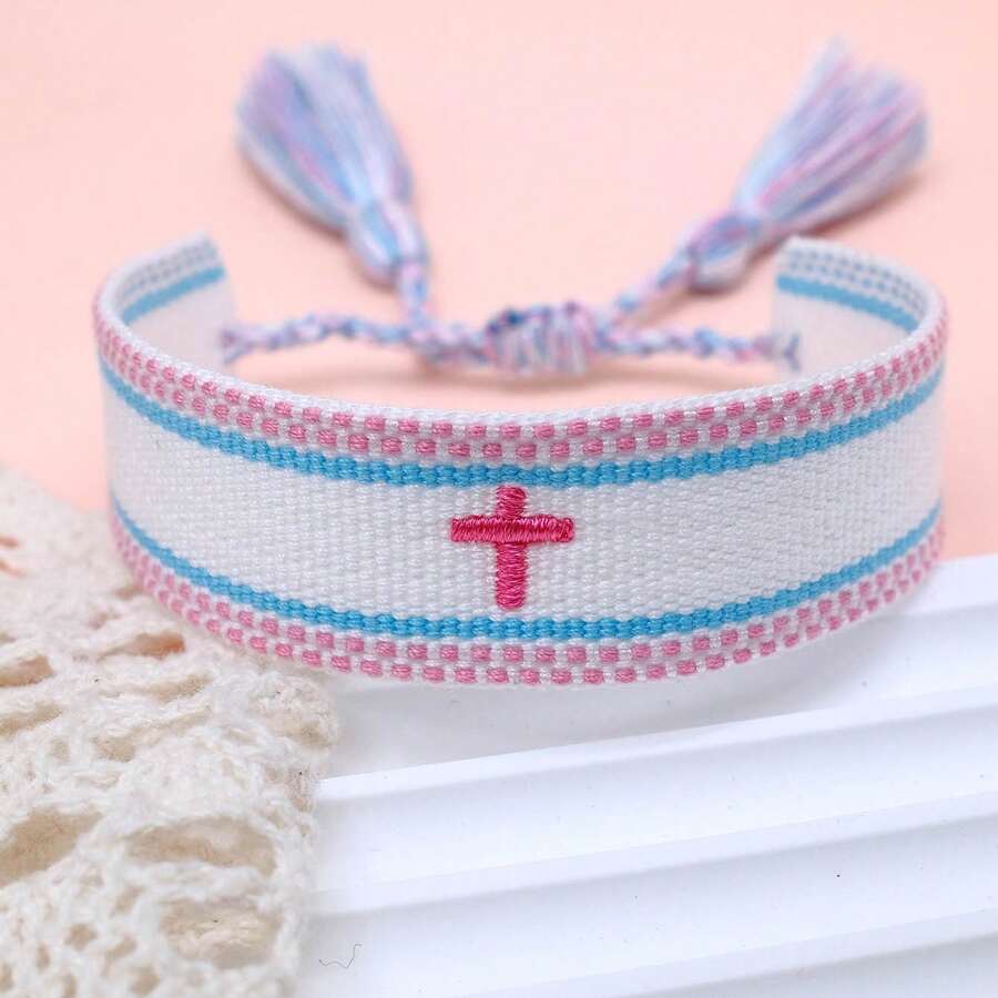 1 pieza Pulsera tejida a mano con borlas y bordado de cruz en estilo bohemio - Multicolor - Ver 1