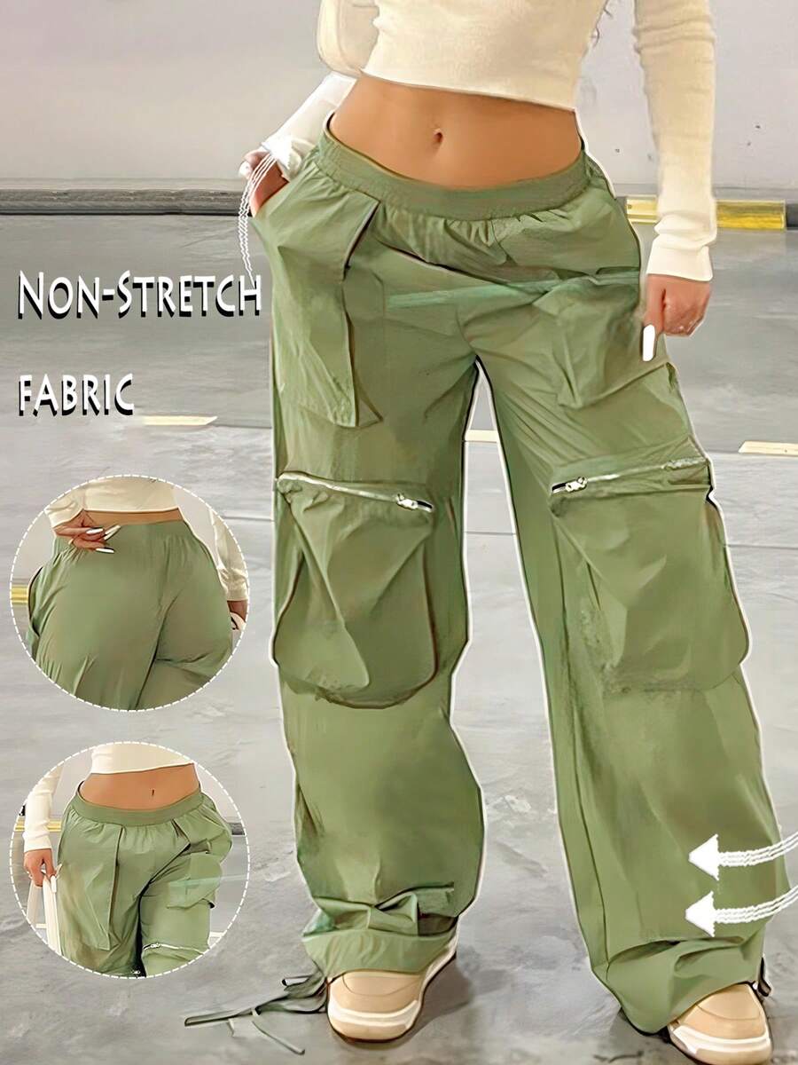 GILIPUR Y2K 女式直筒宽松绿色工装阔腿裤，多口袋设计，休闲复古，优雅下装，街头风春季单品