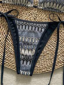Women's Unique Textured Fabric Bikini Two Pieces Swimwear, Cute Spaghetti Strap Backless Design - Dusty Blue - View 5