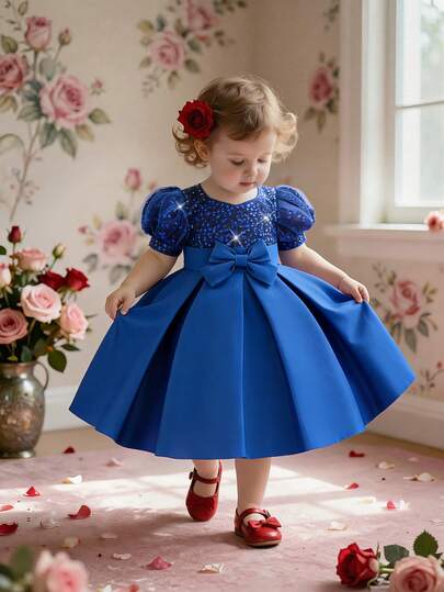 女婴短袖亮片蝴蝶结缎面网纱拼接可爱优雅生日派对连衣裙，适合家庭聚会、派对、舞会（不含头饰）