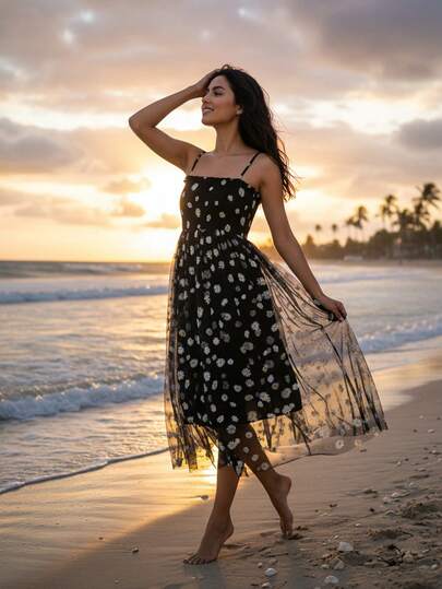 vestido de dos capas con estampado de margaritas y flores traje Midi de dos capas con tirantes finos para vacaciones y playa