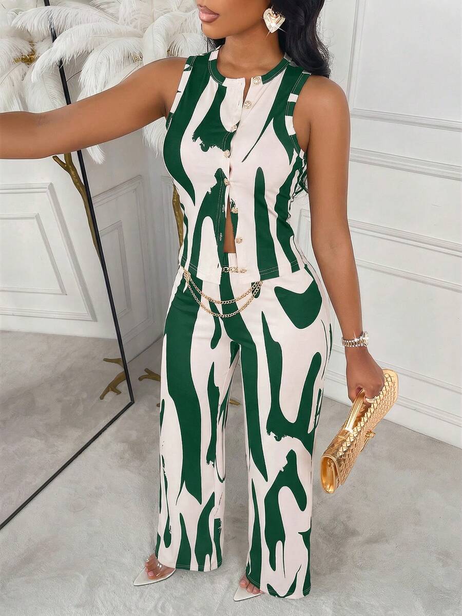 AIJ Bộ đồ 2 mảnh Amarilo gồm áo không tay kẻ sọc và quần ống đứng, phong cách công sở thanh lịch, trang phục thời trang xuân hè mới nhất dành cho nữ, thích hợp cho kỳ nghỉ. - Nền màu mơ với hoa màu xanh lá cây. - Xem 1