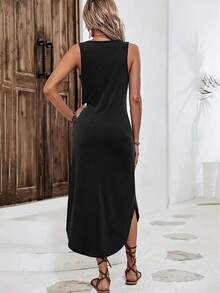 Sleeveless Tee Dress, Sparkling Heart Graphic Print, Casual Tank Dress For Women, Lightweight Polyester, Round Neck, Machine Washable, Spring & Summer Wear - 灰色 - 查看 7