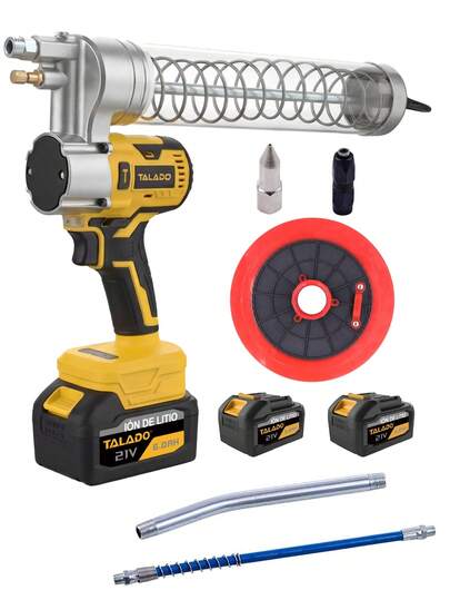 Kit de pistola engrasadora eléctrica: Alta resistencia 10000 PSI, 4,6 oz/min, inalámbrica con batería, incluye 2 baterías, manguera larga de 39,4 pulgadas, acoplador de 90° y 3 boquillas, engrasa más rápido y sin esfuerzo.