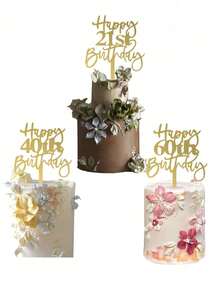 1 pieza/3 piezas Decoración para tarta "Feliz Cumpleaños" en dorado, adecuado para fiestas de cumpleaños 18/21/30/40/50/60/70 - Multicolor - Ver 5