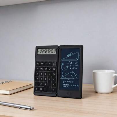 12-Digit Foldable Calculator With LCD Writing Pad, Silicone Buttons, Stylus, One-Key Clear, Memory Function (MC/MR/+), Square Root, Percentage Calculation, Portable Size, Battery Powered, Suitable For Office And School Use