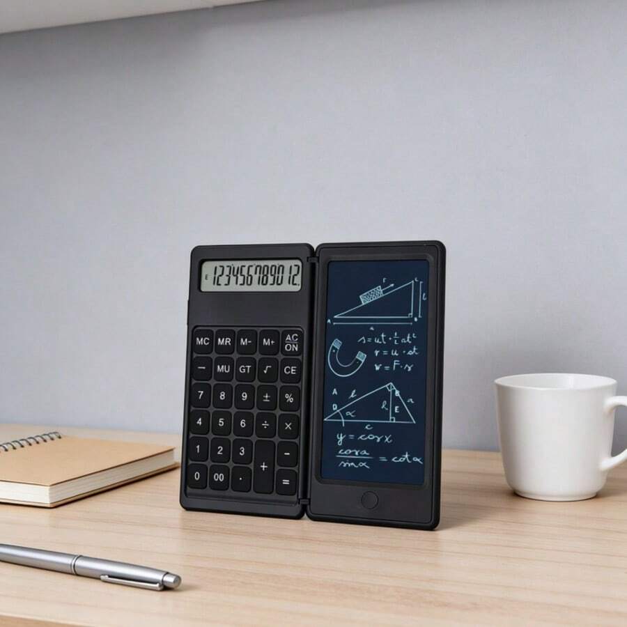 Calculatrice pliable 12 chiffres avec bloc-notes LCD, boutons en silicone, stylet, effacement d'une touche, fonction mémoire (MC/MR/+), racine carrée, calcul de pourcentage, taille portable, alimentée par pile, convient pour un usage au bureau et à l'école - Pièce unique - Voir 1