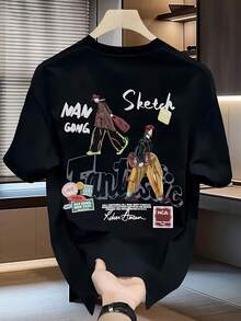Camiseta Gráfica de Manga Corta con Estampado de Cómic para Hombre, Estilo Moderno, Esencial para Citas y Deportes al Aire Libre, Cómoda y Absorbente de Humedad, Camiseta Clásica Americana de Manga Corta Simple y Versátil, Regalo Ideal para Hombres y Mujeres - Negro - Ver 8