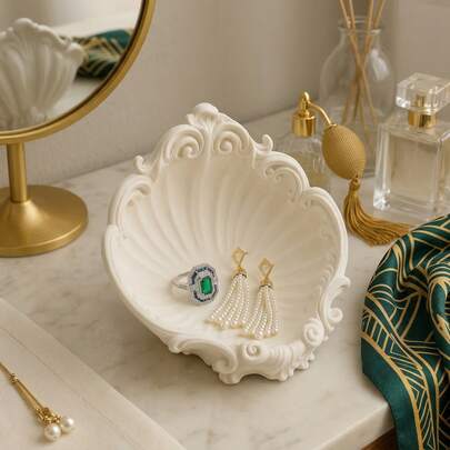 Khay đựng trang sức hình vỏ sò phong cách Baroque, bát đựng đồ trang sức cổ điển kiểu Rococo, hộp đựng nhẫn và bông tai, đồ trang trí bàn trang điểm đựng vòng cổ và vòng tay, món quà thẩm mỹ dành cho các cô gái và phụ nữ.
