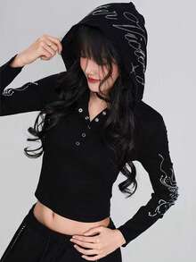 Retro American Rhinestone Embellished Slim Fit Pullover Hoodie, Versatile Black Long Sleeve T-Shirt Undershirt For Women - Black - View 2