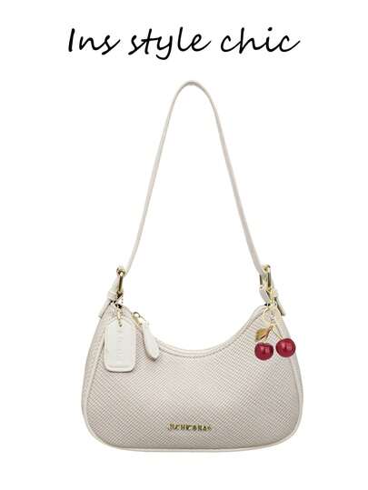 This Stylish And Minimalist Women's Shoulder Bag Is Made Of PU Material, Decorated With A Letter Pattern, And Features A Cherry Pendant. It Has A Smooth Zipper And A Top Handle, Allowing It To Be Carried On The Shoulder Or By Hand.