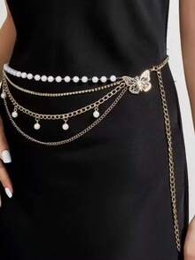 1pc Women's Waist Chain, Personalized Pearl Butterfly Multi-Layer Tassel Chain, Suitable For Wedding, Birthday, Party, Daily Wear, 105CM Length Festival - 金色 - 查看 8