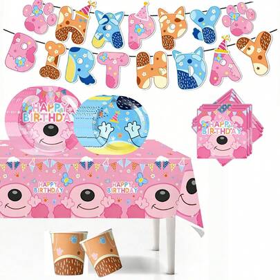 1/10/15/20件套蓝色小狗主题餐具套装，包含蓝色和粉色系家庭朋友聚会主题桌布、餐盘、纸杯、纸巾，卡通宾果游戏狗狗主题派对、节日活动、户外露营、家庭聚会、烧烤装饰餐具套装