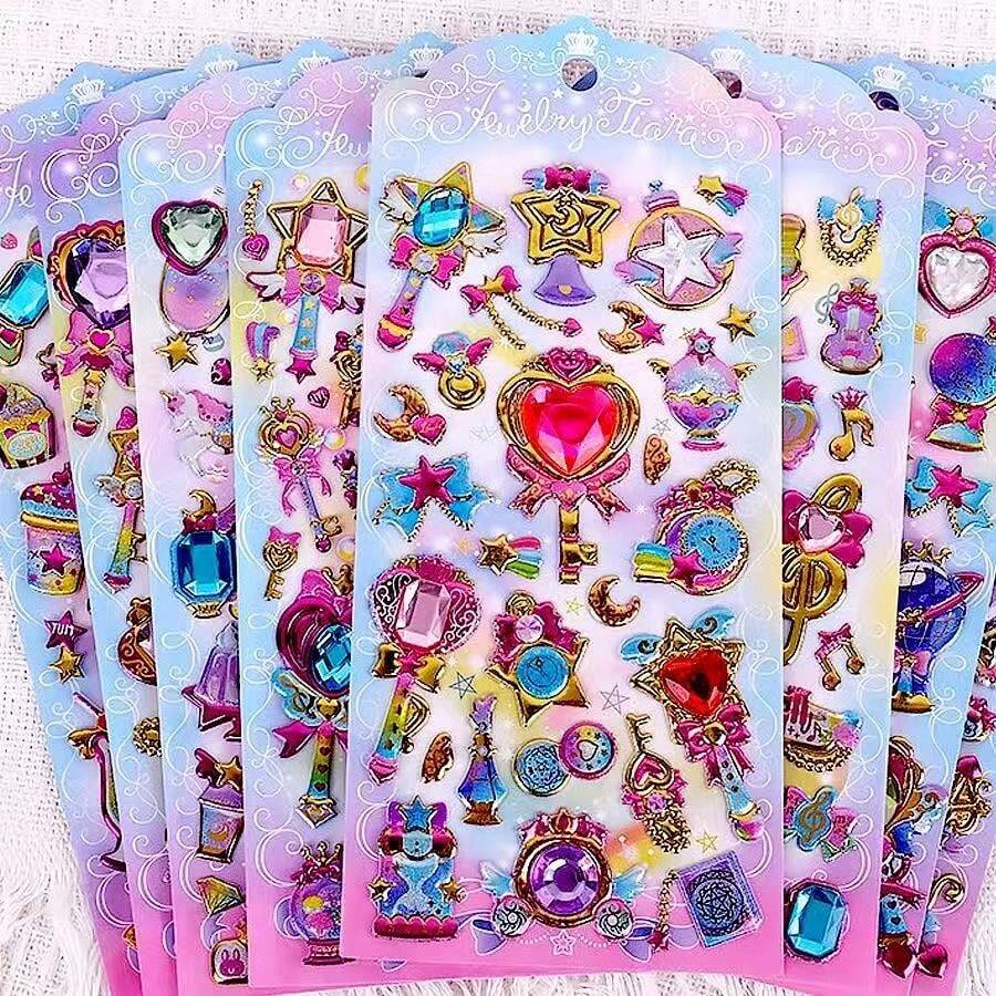 2pcs Random 3D Crystal Stickers, Bubble Wrap Diamond Gem Stickers, Colorful Diamond Decorations, Princess Laser Stickers And Fairy Magic Wand Stickers - Multicolor - View 1