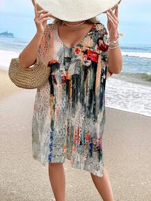 女士沙滩罩衫，时尚休闲镂空印花泳衣罩衫（不含泳衣） - 彩色 - 查看 4