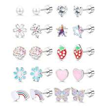 FIASASO Hypoallergenic Flat Back Earrings for Girls Toddler Women 10 Pair Surgical Stainless Steel Screw Back Stud Earrings for Sensitive Ears Cute Flower Butterfly Stud Earring Screwback Girl Earrings Toddler Jewelry age over 4 years old - Plata - Ver 2