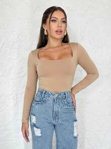 Kit 1, 3 Bodysuits, Women's Shaping Bodysuit, Second Skin Style, Square Neckline, Long Sleeves, Basic, High Fashion, Versatile, Elegant, Blogger Style - 酒紅色-米色-咖啡色 - 查看 5
