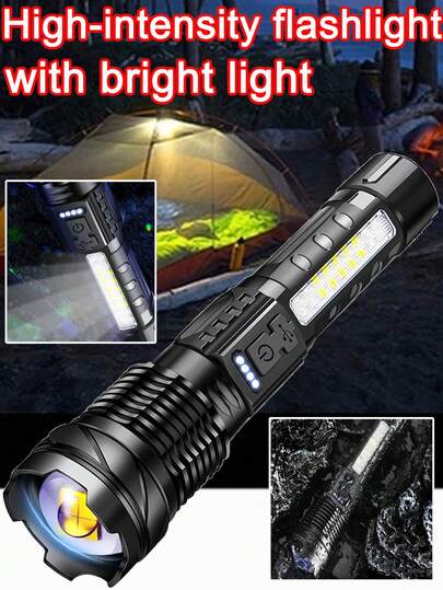 1pc Portable And Practical Dual-Light Flashlight With COB Side Lamp, Type-C Charging, Battery Level Indicator, Four-Level Dimming. It Is A Must-Have Practical Tool For Outdoor Camping, Fishing And Hiking.