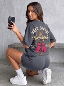 Camiseta cristiana estándar con patrón de Aleluya y cruz de boxeo - Gris Oscuro - Ver 1